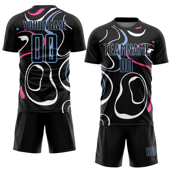 Custom Black Light Blue Fluid Shapes Sublimation Soccer Uniform Jersey