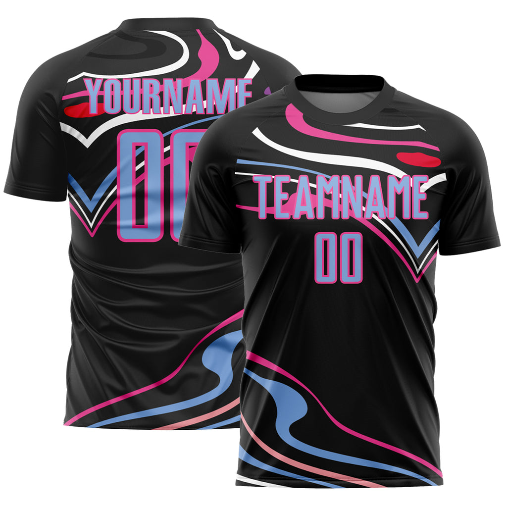 Custom Black Light Blue-Pink Fluid Shapes Sublimation Soccer Uniform Jersey