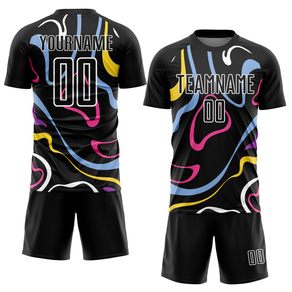 Custom Black White Fluid Shapes Sublimation Soccer Uniform Jersey