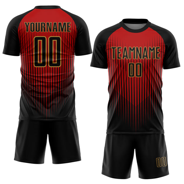 Custom Black Red-Old Gold Lines Sublimation Soccer Uniform Jersey