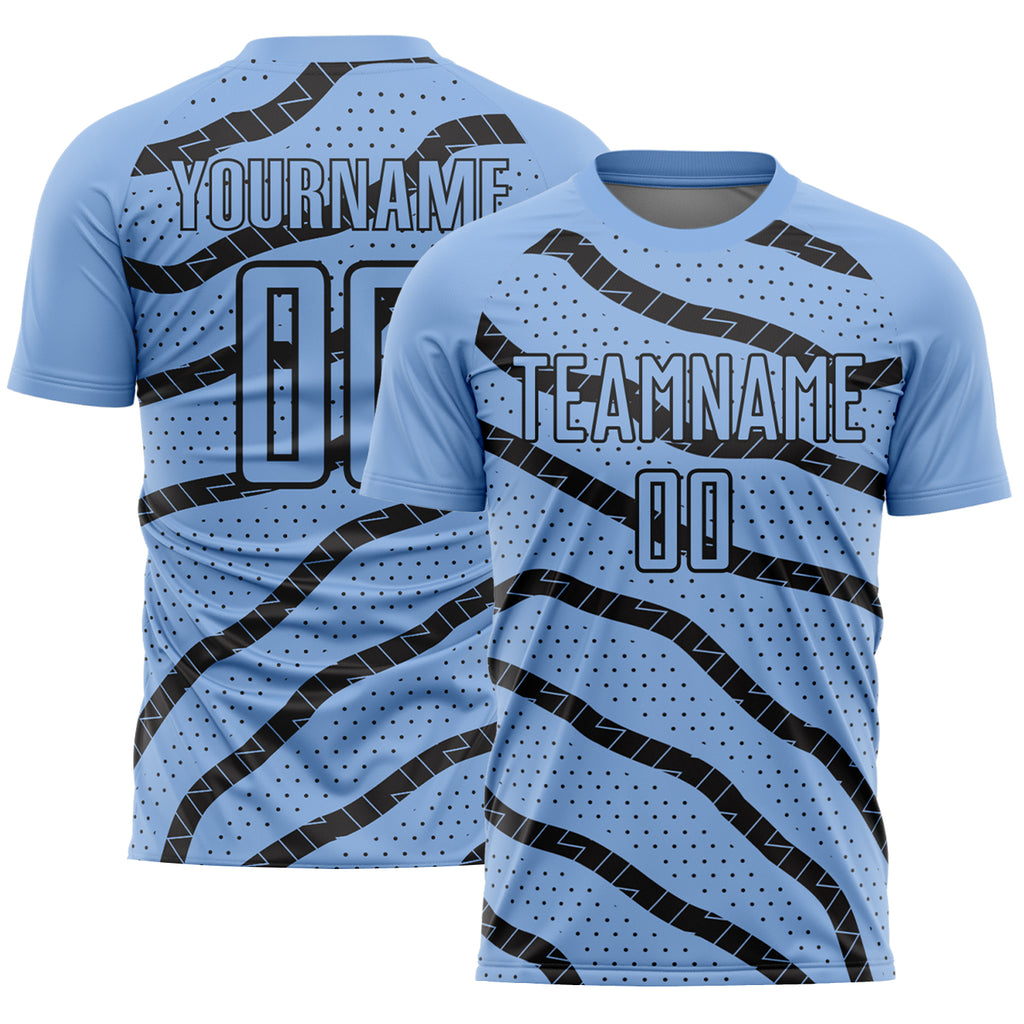 Custom Light Blue Black Lines And Dots Sublimation Soccer Uniform Jersey