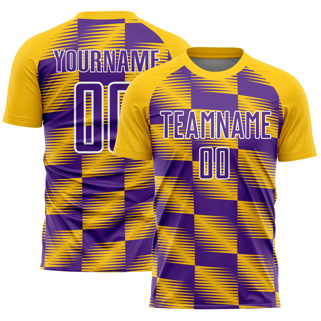 Custom Yellow Purple-White Lines Sublimation Soccer Uniform Jersey