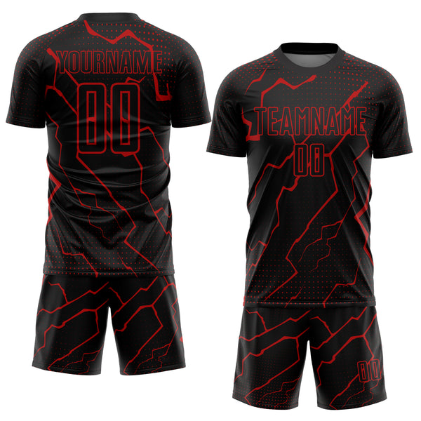 Custom Black Red Lightning Sublimation Soccer Uniform Jersey