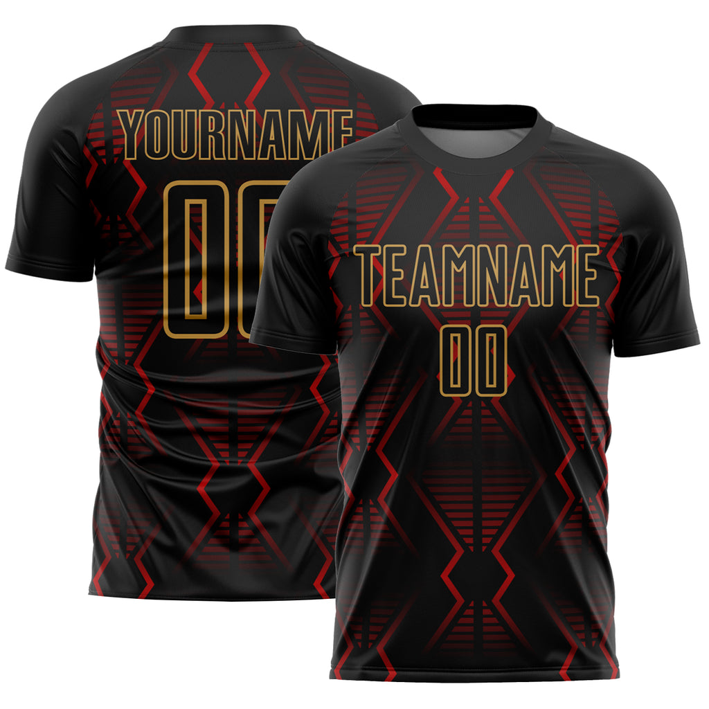 Custom Black Red-Old Gold Geometric Shapes Sublimation Soccer Uniform Jersey