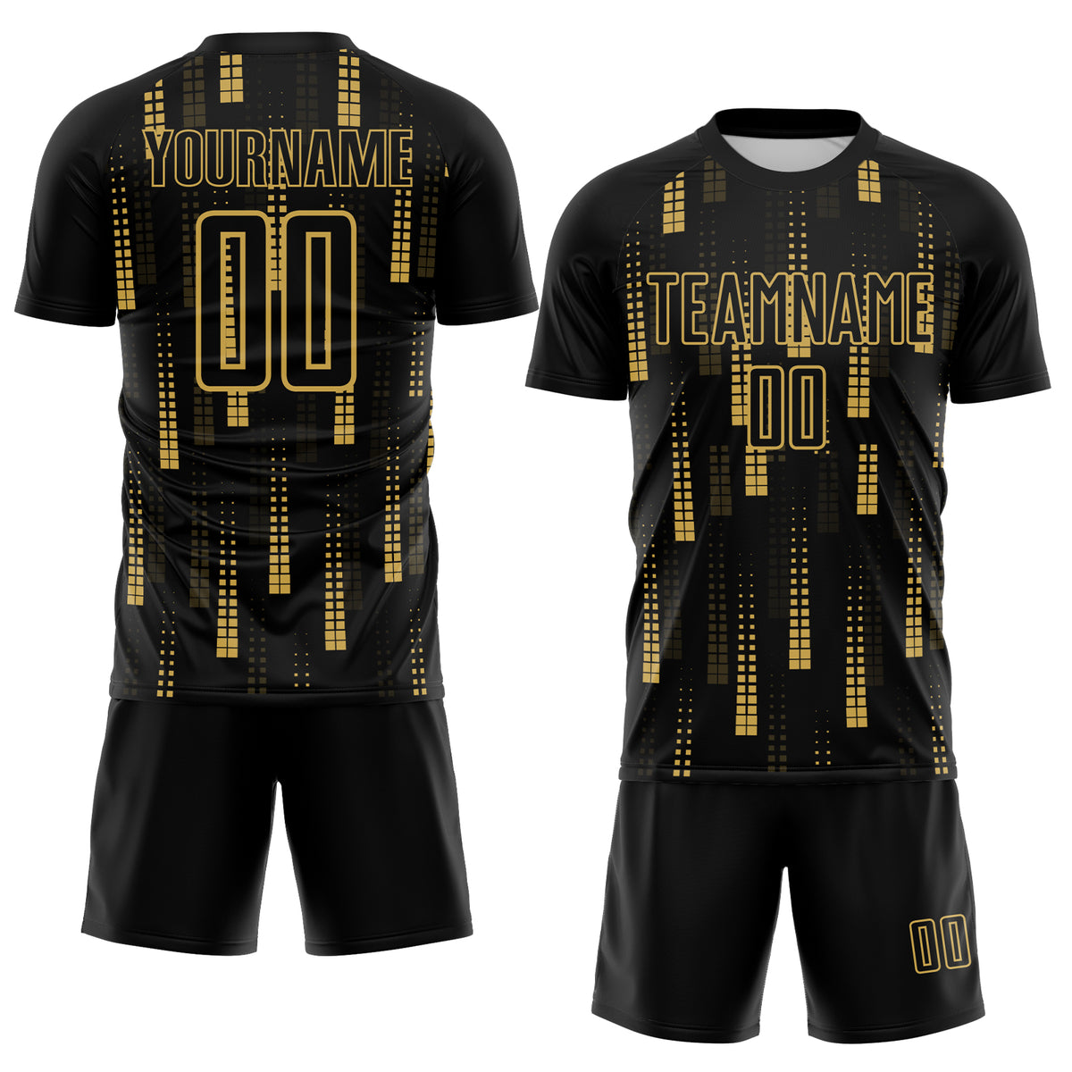 Custom Black Old Gold Geometric Shapes Sublimation Soccer Uniform ...