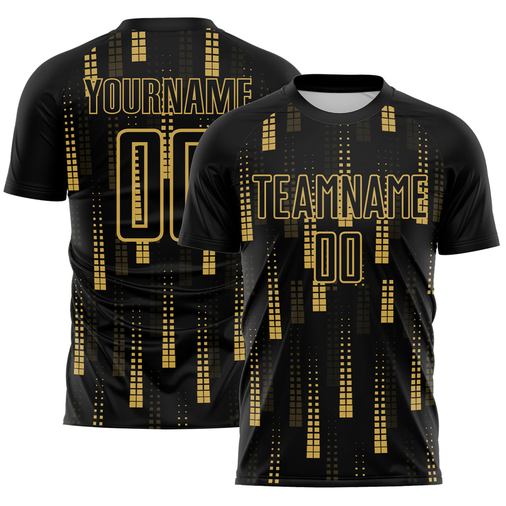Custom Black Old Gold Geometric Shapes Sublimation Soccer Uniform Jersey