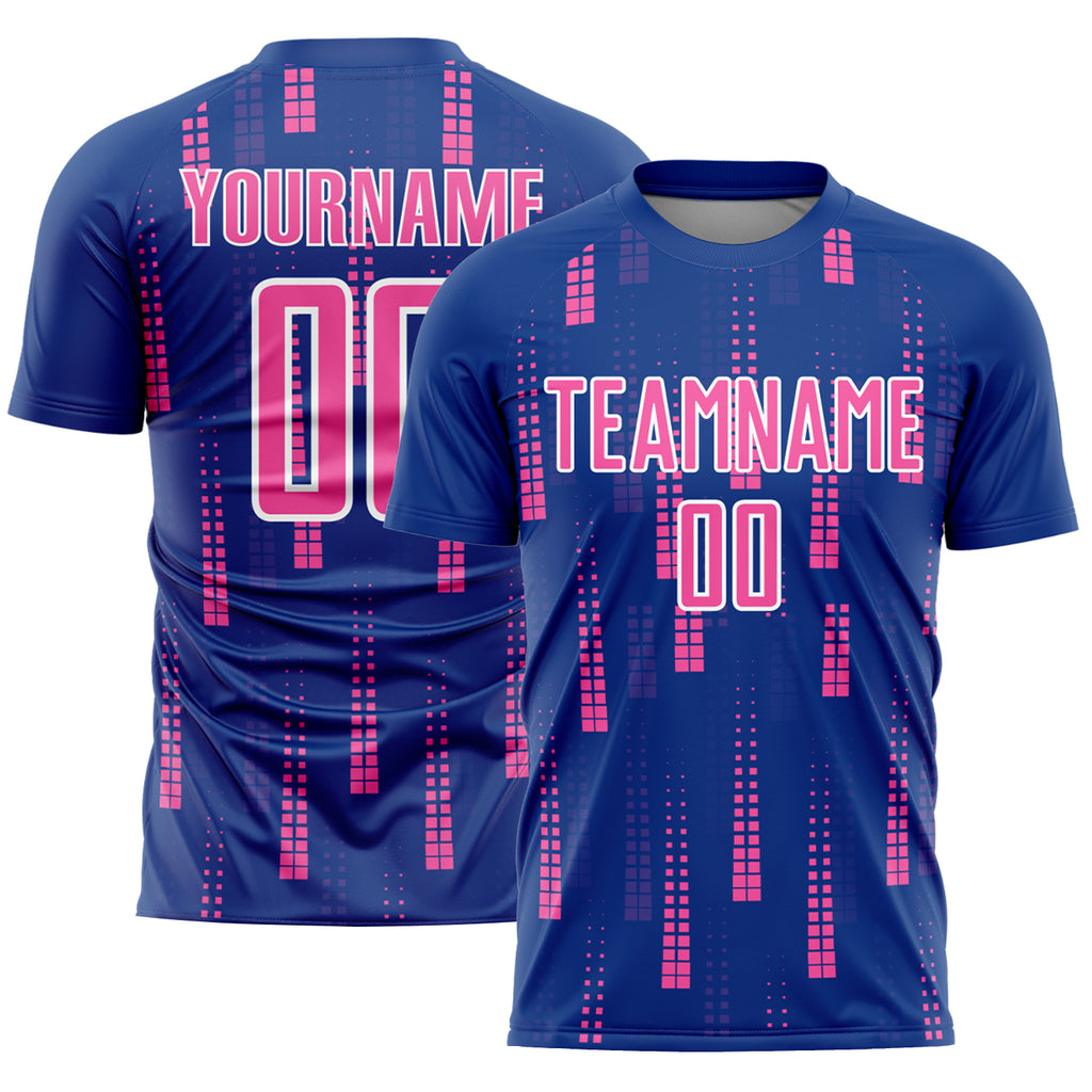 Custom Royal Pink-White Geometric Shapes Sublimation Soccer Uniform Jersey