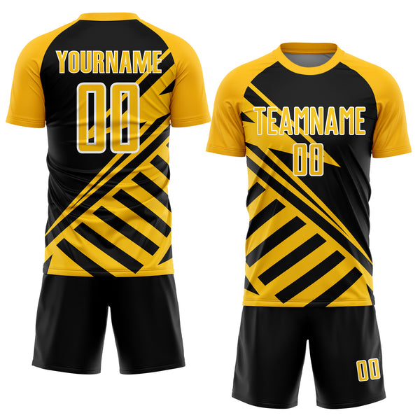 Custom Black Gold-White Lines Sublimation Soccer Uniform Jersey