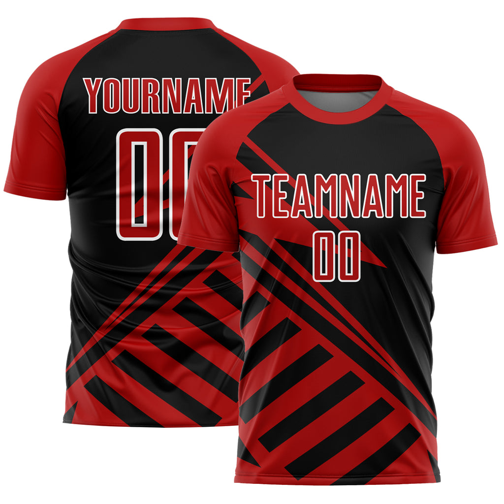 Custom Black Red-White Lines Sublimation Soccer Uniform Jersey