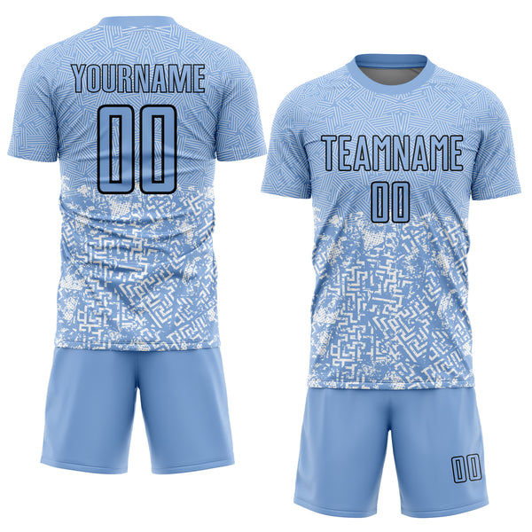 Custom Light Blue Black Geometric Shapes Sublimation Soccer Uniform Jersey