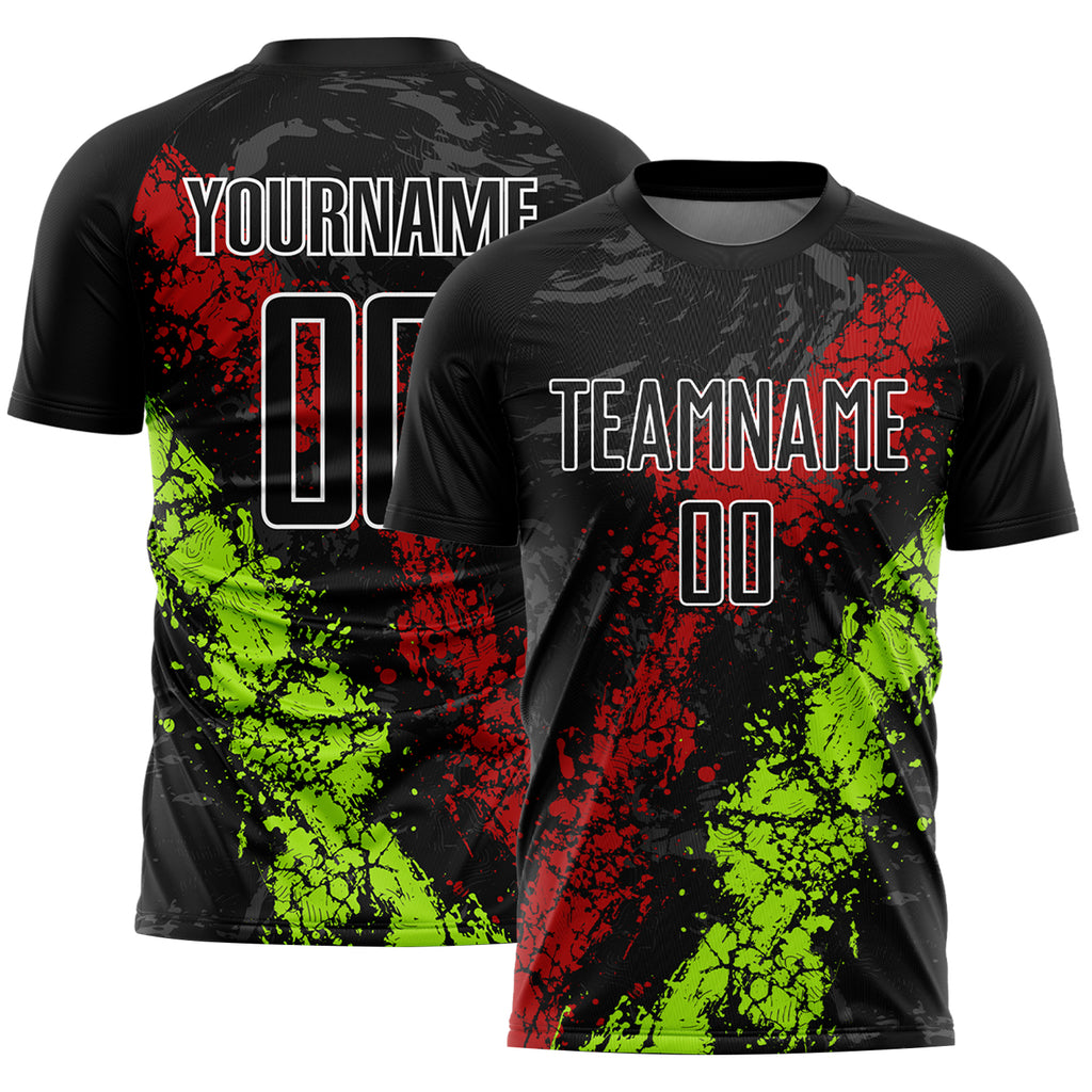 Custom Black Red-Neon Green Dripping Splatter Art Sublimation Soccer Uniform Jersey