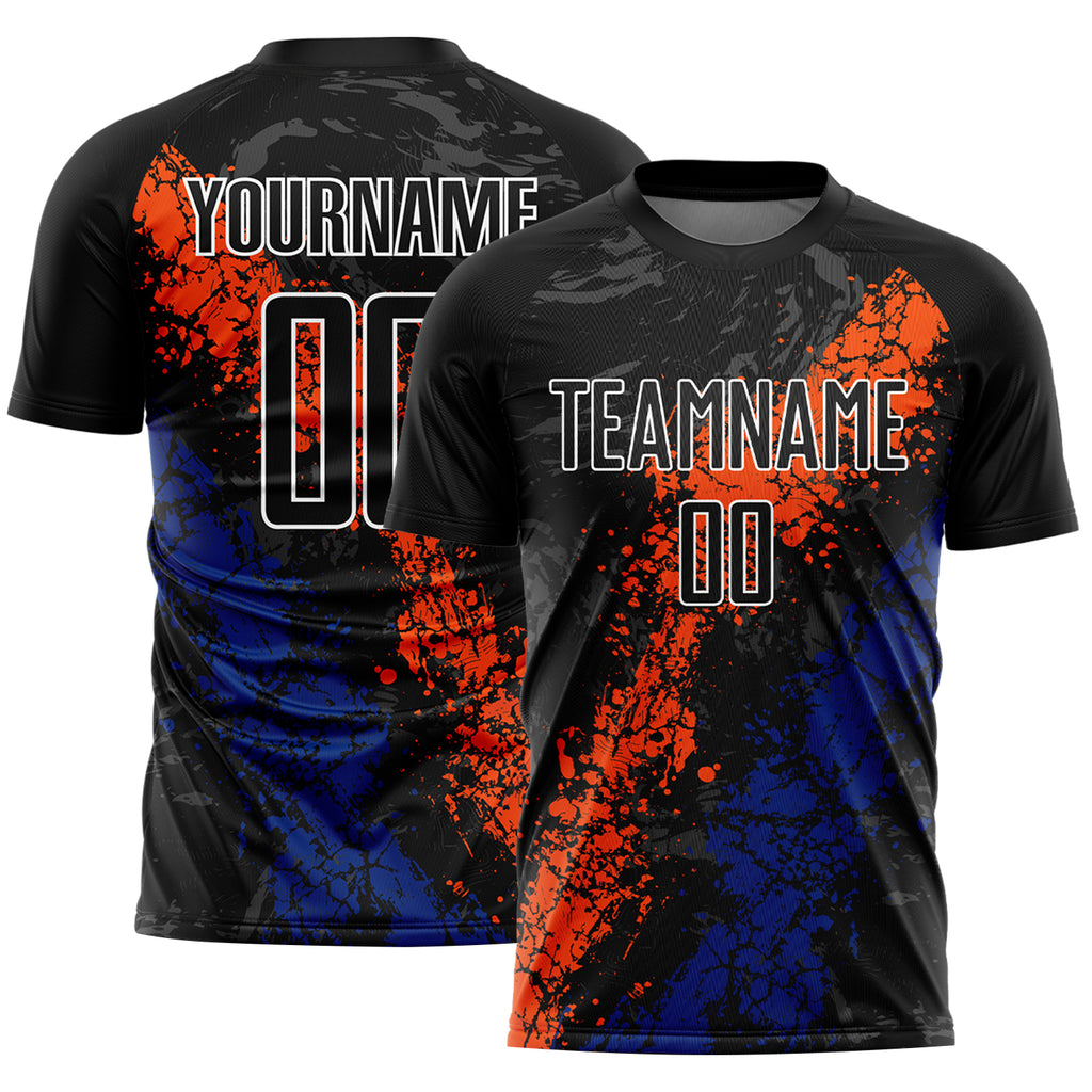 Custom Black Orange-Royal Dripping Splatter Art Sublimation Soccer Uniform Jersey