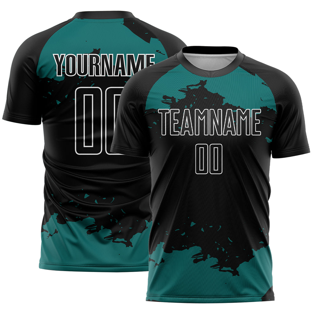 Custom Black Teal-White Abstract Fragment Art Sublimation Soccer Uniform Jersey