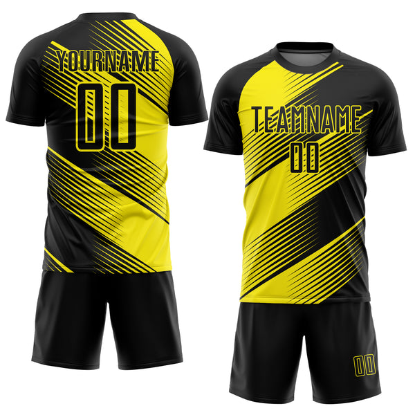 Custom Black Light Yellow Line Sublimation Soccer Uniform Jersey