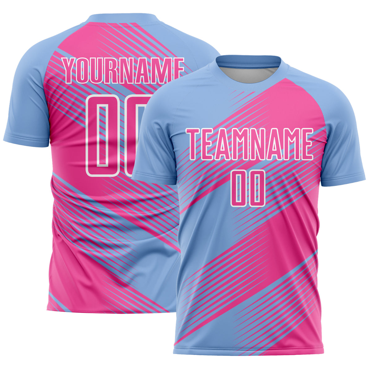 Custom Light Blue Pink-White Line Sublimation Soccer Uniform Jersey ...