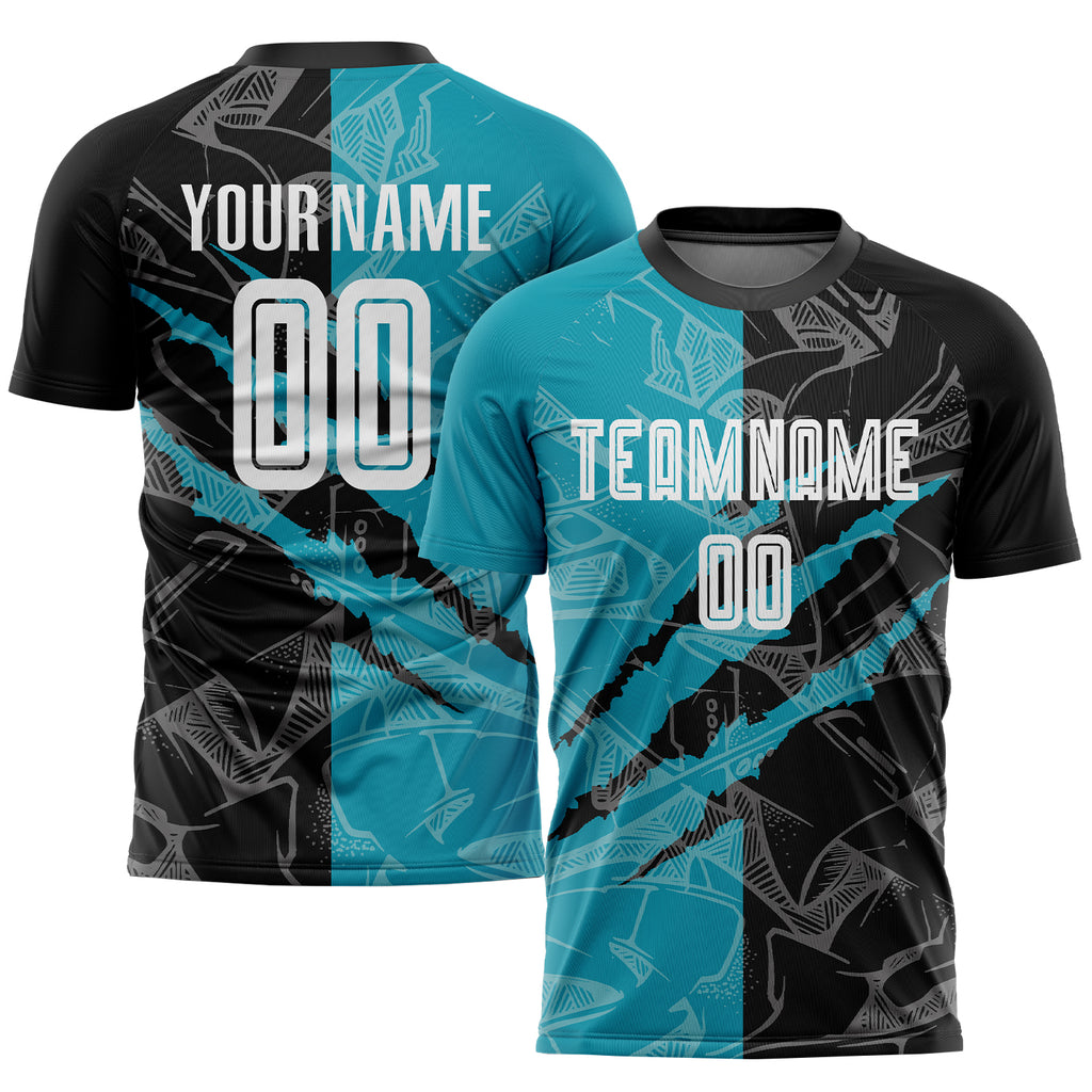 Custom Graffiti Pattern Black-Teal Scratch Sublimation Soccer Uniform Jersey