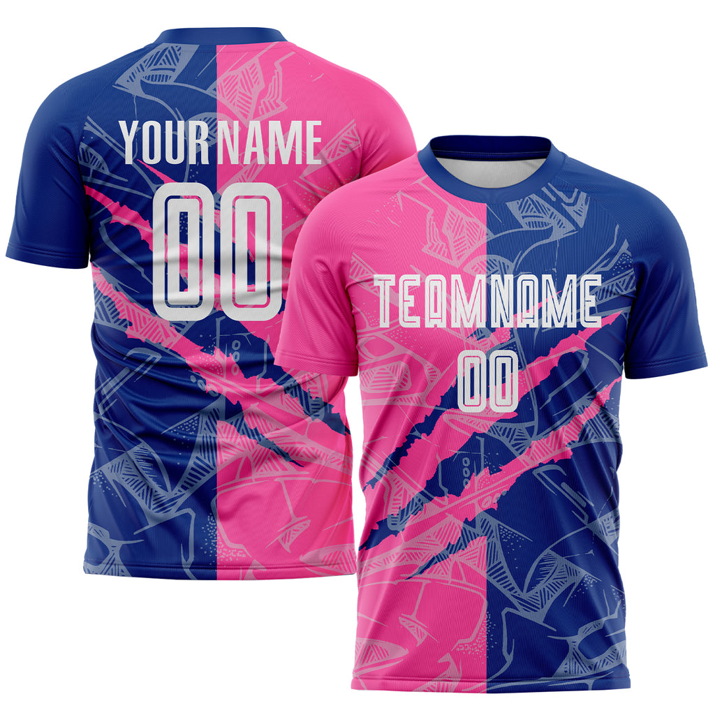 Custom Graffiti Pattern Pink-Royal Scratch Sublimation Soccer Uniform Jersey