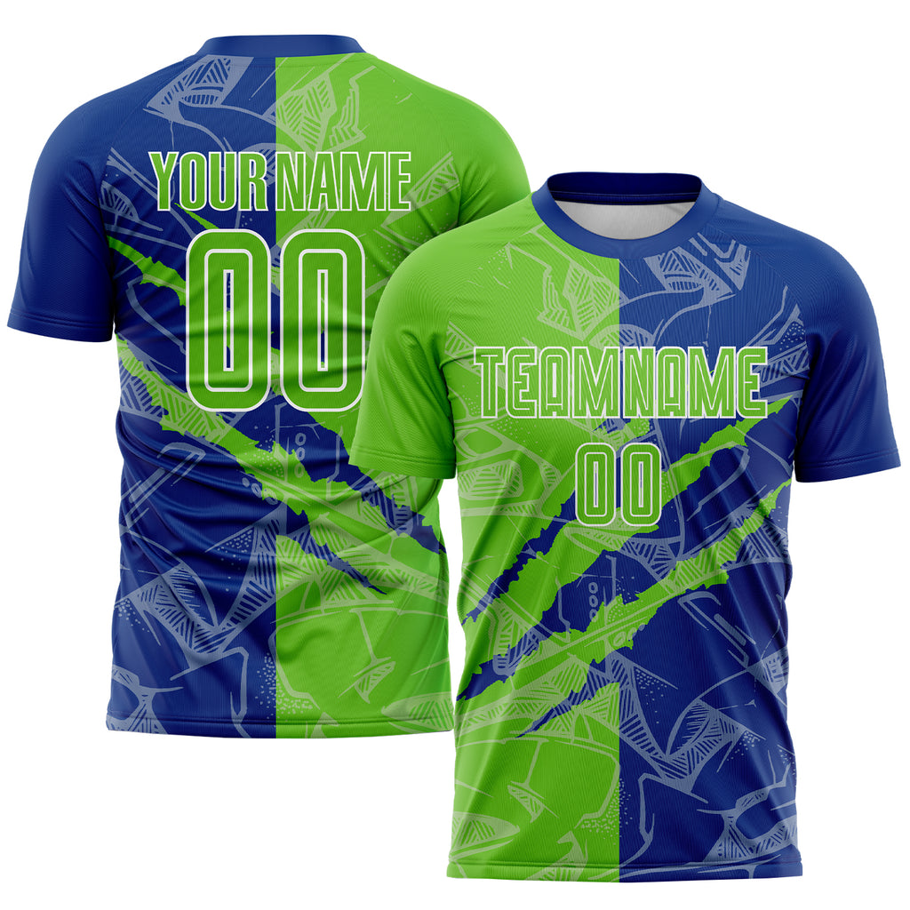 Custom Graffiti Pattern Aurora Green-Royal Scratch Sublimation Soccer Uniform Jersey