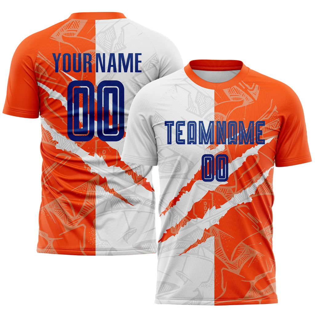 Custom Graffiti Pattern Royal-Orange Scratch Sublimation Soccer Uniform Jersey