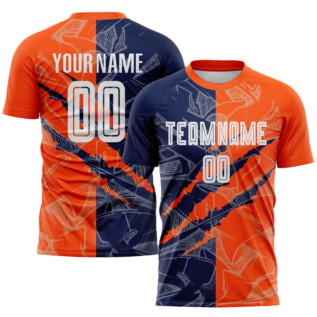 Custom Graffiti Pattern Navy-Orange Scratch Sublimation Soccer Uniform Jersey