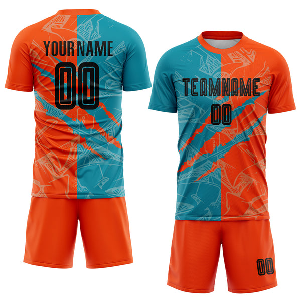 Custom Graffiti Pattern Black Teal-Orange Scratch Sublimation Soccer Uniform Jersey