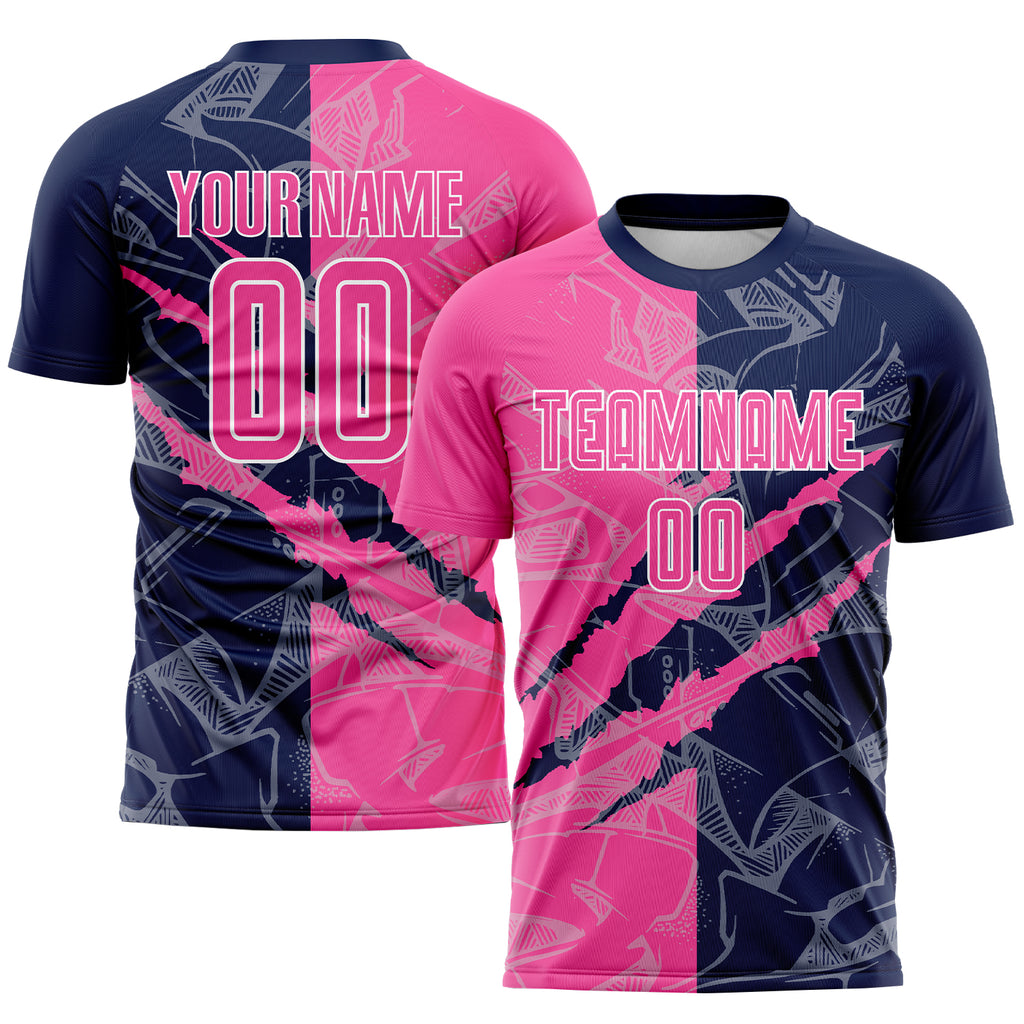 Custom Graffiti Pattern Pink-Navy Scratch Sublimation Soccer Uniform Jersey