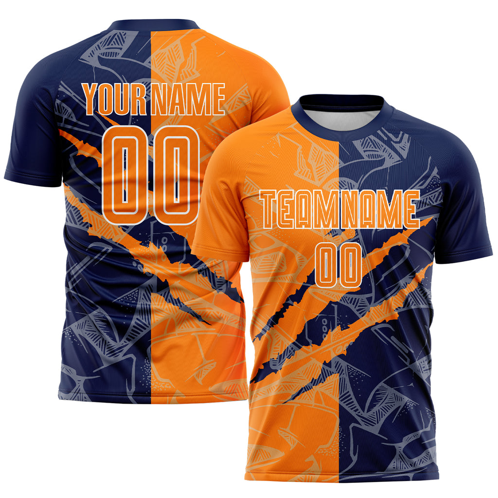 Custom Graffiti Pattern Bay Orange-Navy Scratch Sublimation Soccer Uniform Jersey