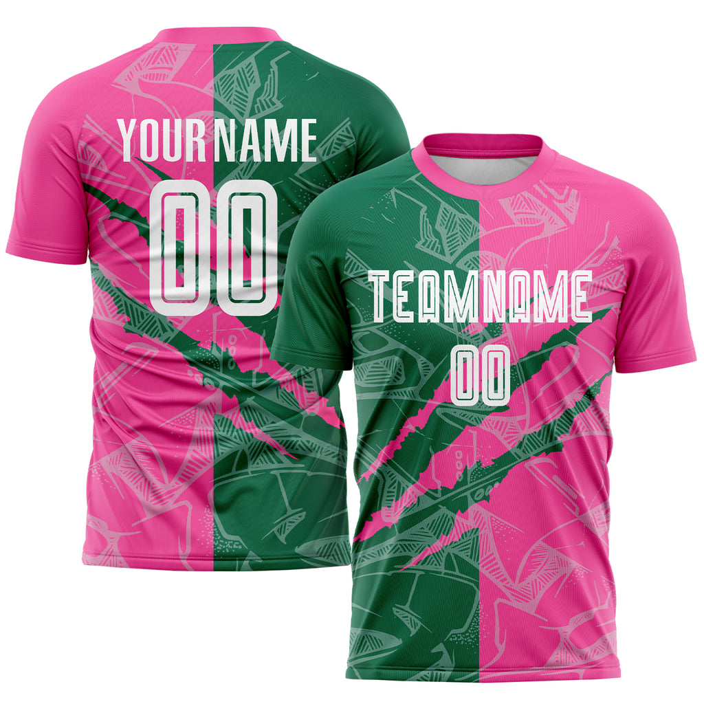 Custom Graffiti Pattern Kelly Green-Pink Scratch Sublimation Soccer Uniform Jersey