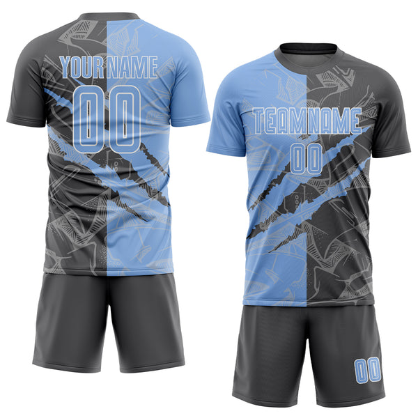 Custom Graffiti Pattern Light Blue-Steel Gray Scratch Sublimation Soccer Uniform Jersey