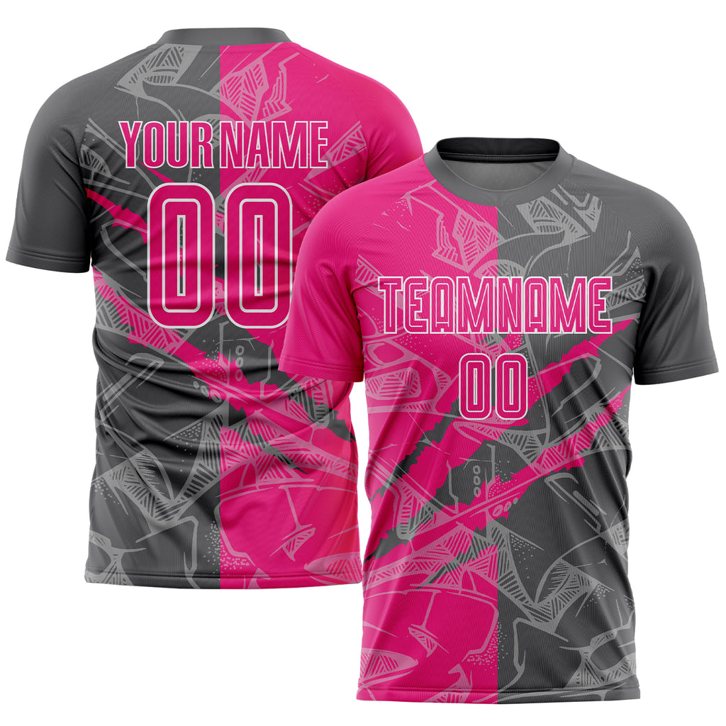 Custom Graffiti Pattern Hot Pink-Steel Gray Scratch Sublimation Soccer Uniform Jersey