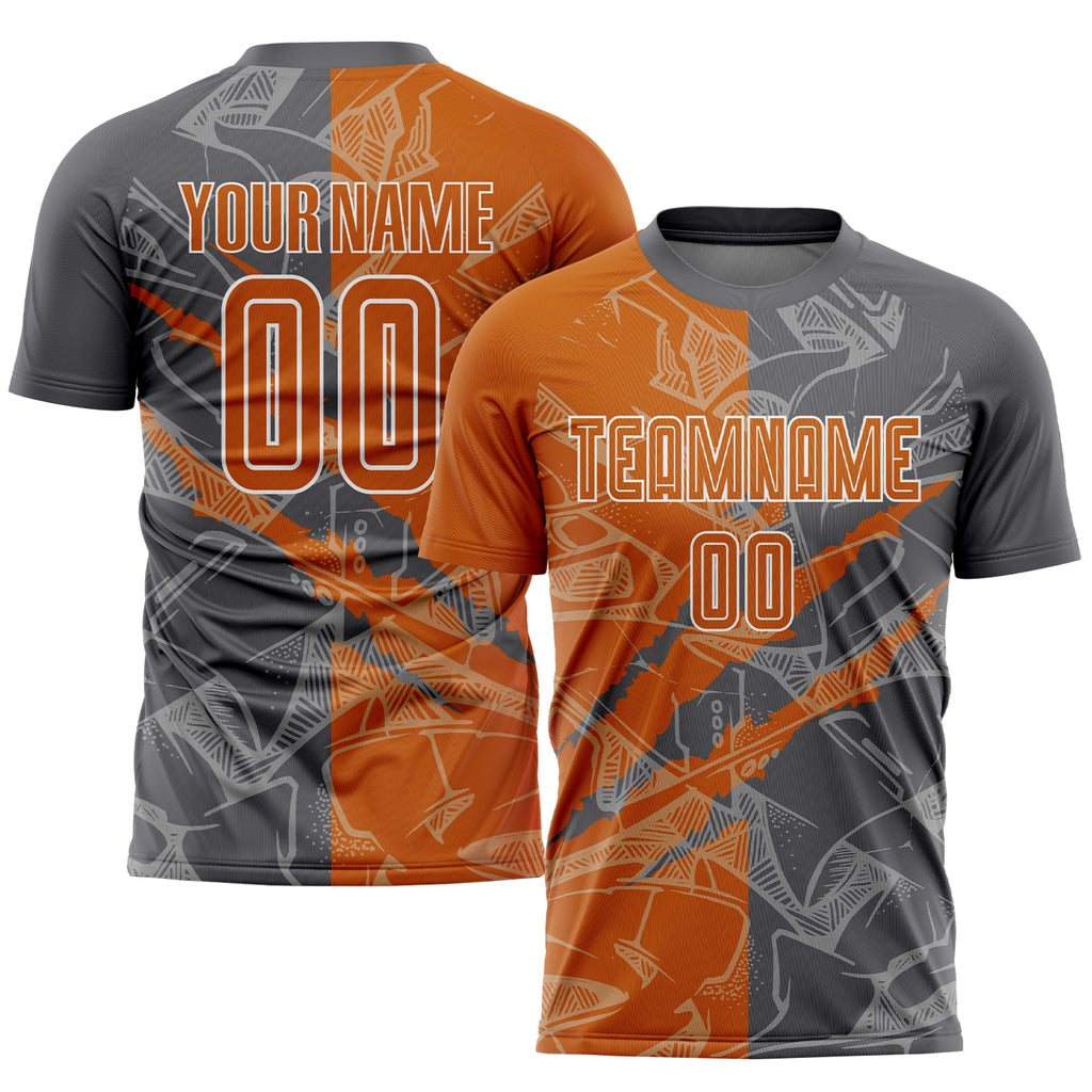 Custom Graffiti Pattern Texas Orange-Steel Gray Scratch Sublimation Soccer Uniform Jersey