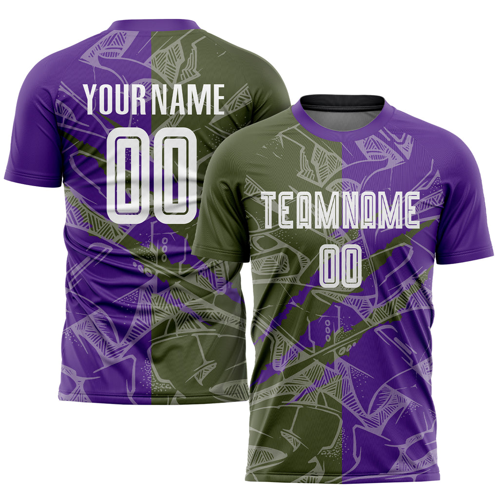 Custom Graffiti Pattern Olive-Purple Scratch Sublimation Soccer Uniform Jersey