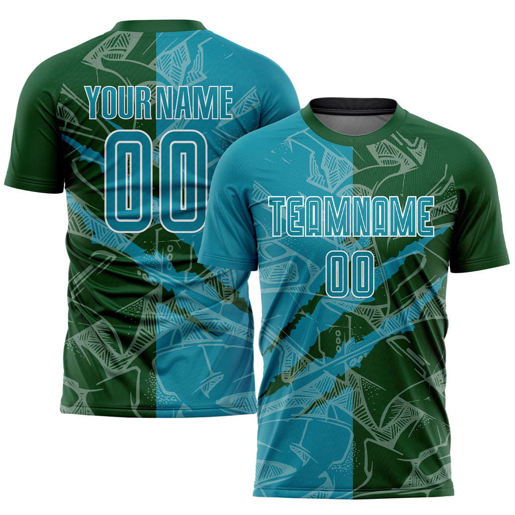 Custom Graffiti Pattern Teal-Green Scratch Sublimation Soccer Uniform Jersey