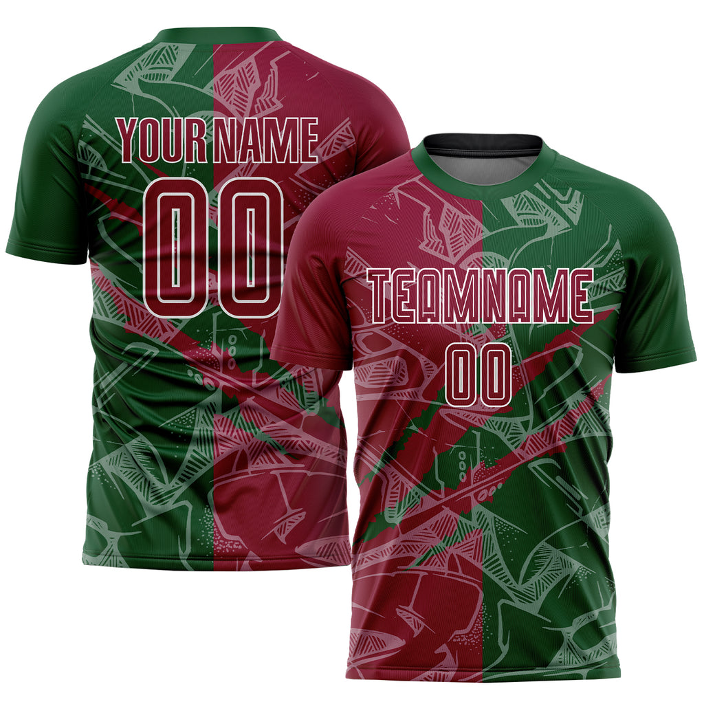 Custom Graffiti Pattern Maroon-Green Scratch Sublimation Soccer Uniform Jersey