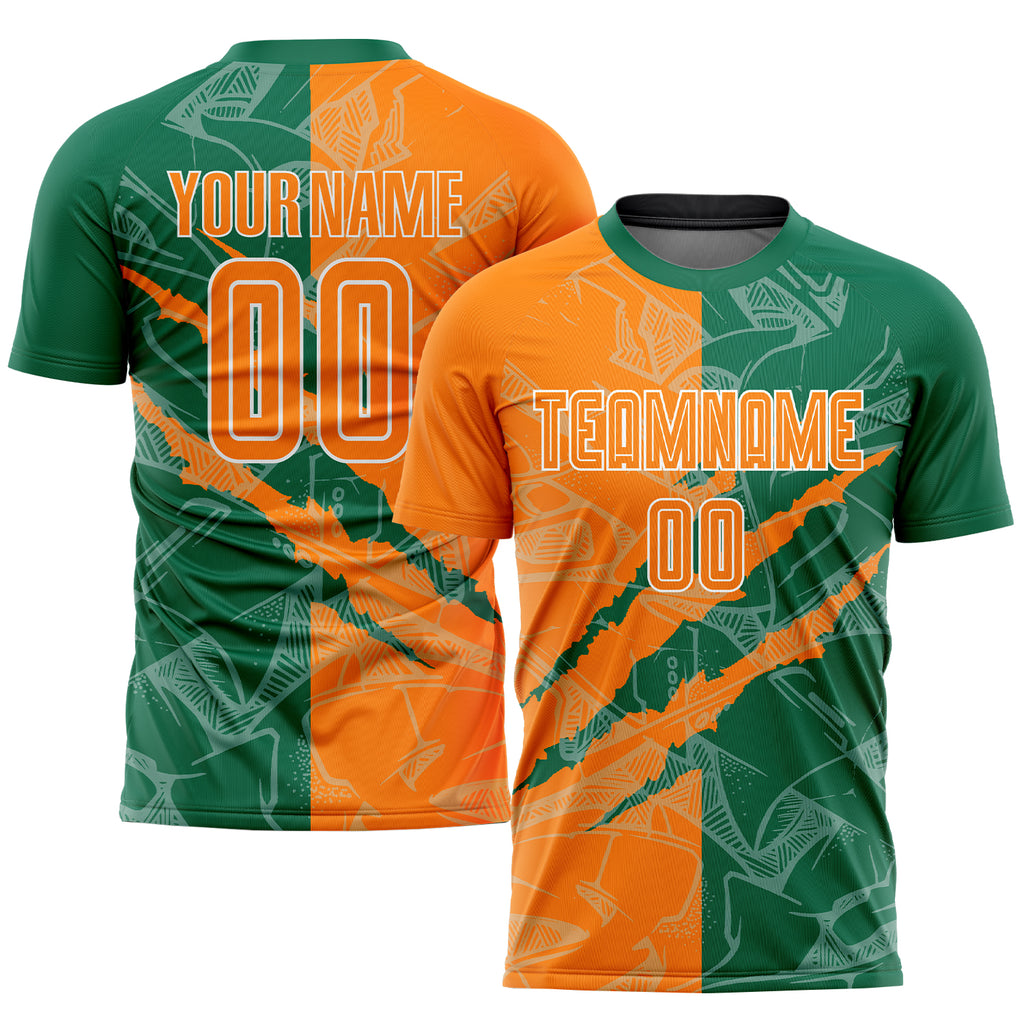 Custom Graffiti Pattern Bay Orange-Kelly Green Scratch Sublimation Soccer Uniform Jersey