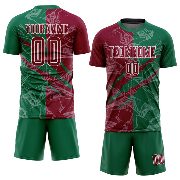 Custom Graffiti Pattern Maroon-Kelly Green Scratch Sublimation Soccer Uniform Jersey