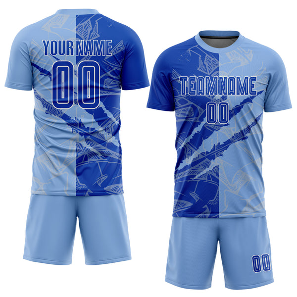 Custom Graffiti Pattern Thunder Blue-Light Blue Scratch Sublimation Soccer Uniform Jersey