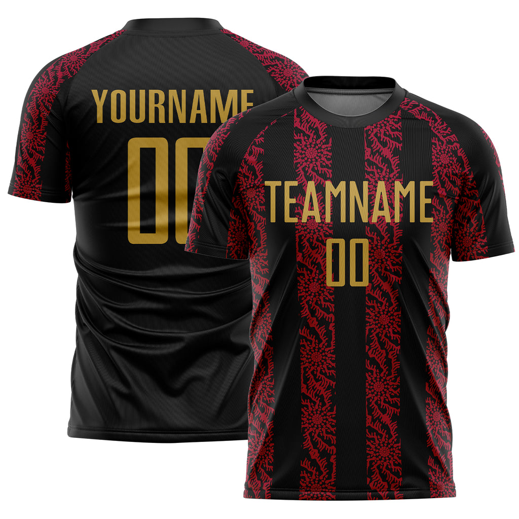 Custom Black Old Gold-Red Abstract Shape Sublimation Soccer Uniform Jersey