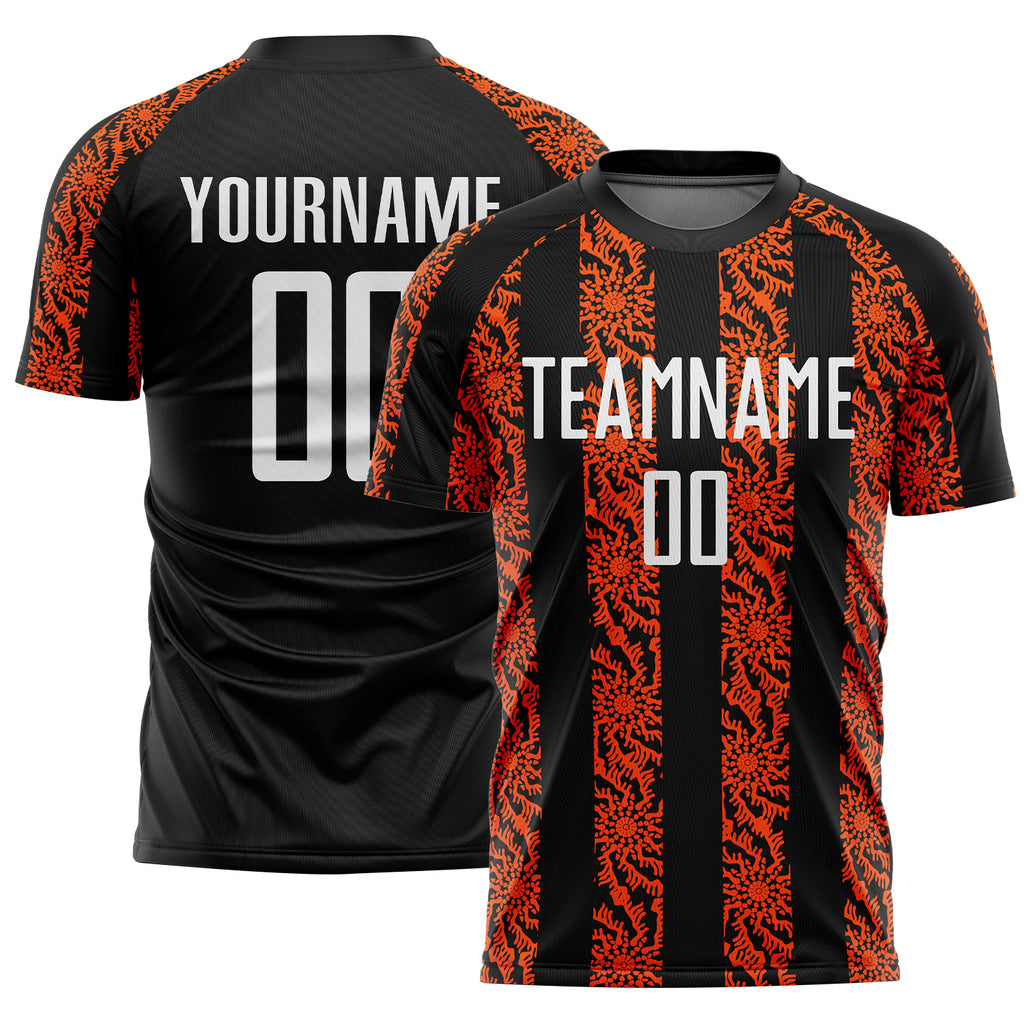 Custom Black White-Orange Abstract Shape Sublimation Soccer Uniform Jersey