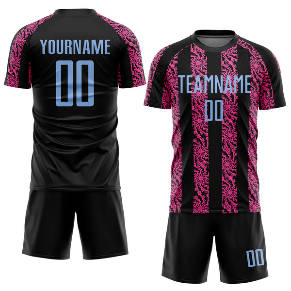 Custom Black Light Blue-Pink Abstract Shape Sublimation Soccer Uniform Jersey