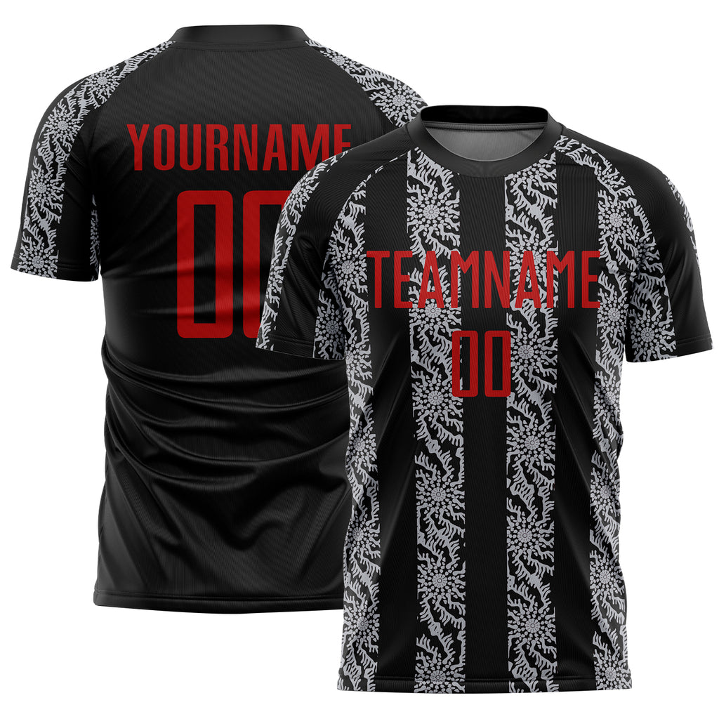 Custom Black Red-Gray Abstract Shape Sublimation Soccer Uniform Jersey