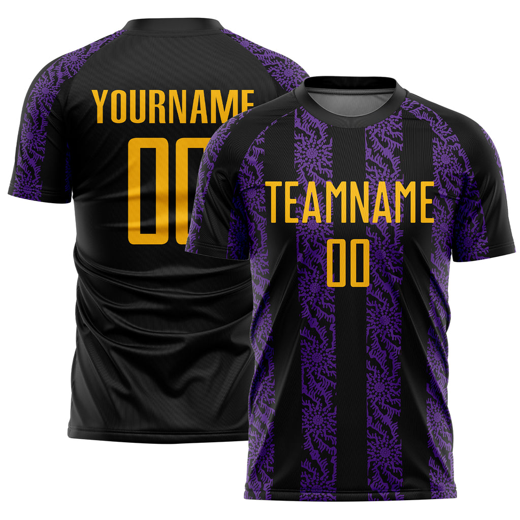 Custom Black Gold-Purple Abstract Shape Sublimation Soccer Uniform Jersey