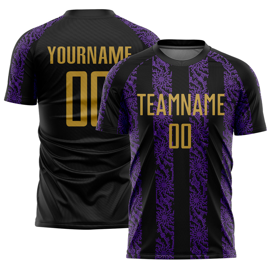 Custom Black Old Gold-Purple Abstract Shape Sublimation Soccer Uniform Jersey