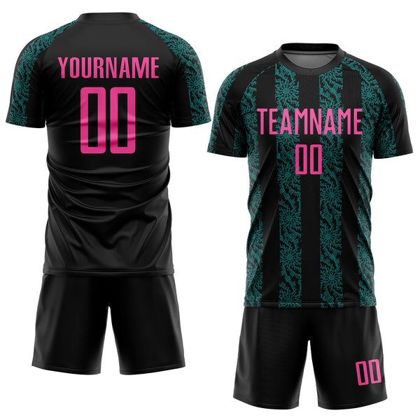 Custom Black Pink-Teal Abstract Shape Sublimation Soccer Uniform Jersey