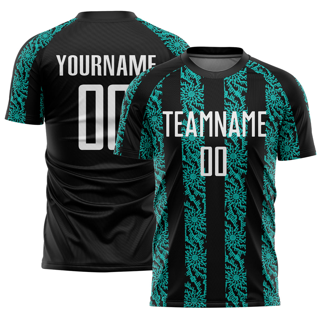 Custom Black White-Aqua Abstract Shape Sublimation Soccer Uniform Jersey