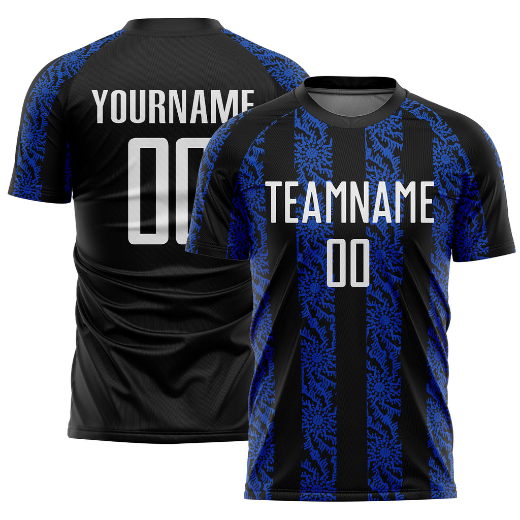 Custom Black White-Thunder Blue Abstract Shape Sublimation Soccer Uniform Jersey