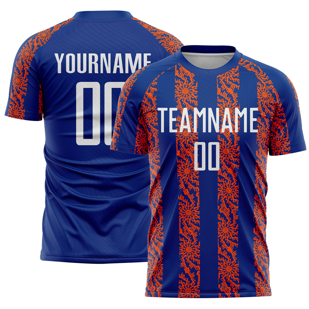 Custom Royal White-Orange Abstract Shape Sublimation Soccer Uniform Jersey