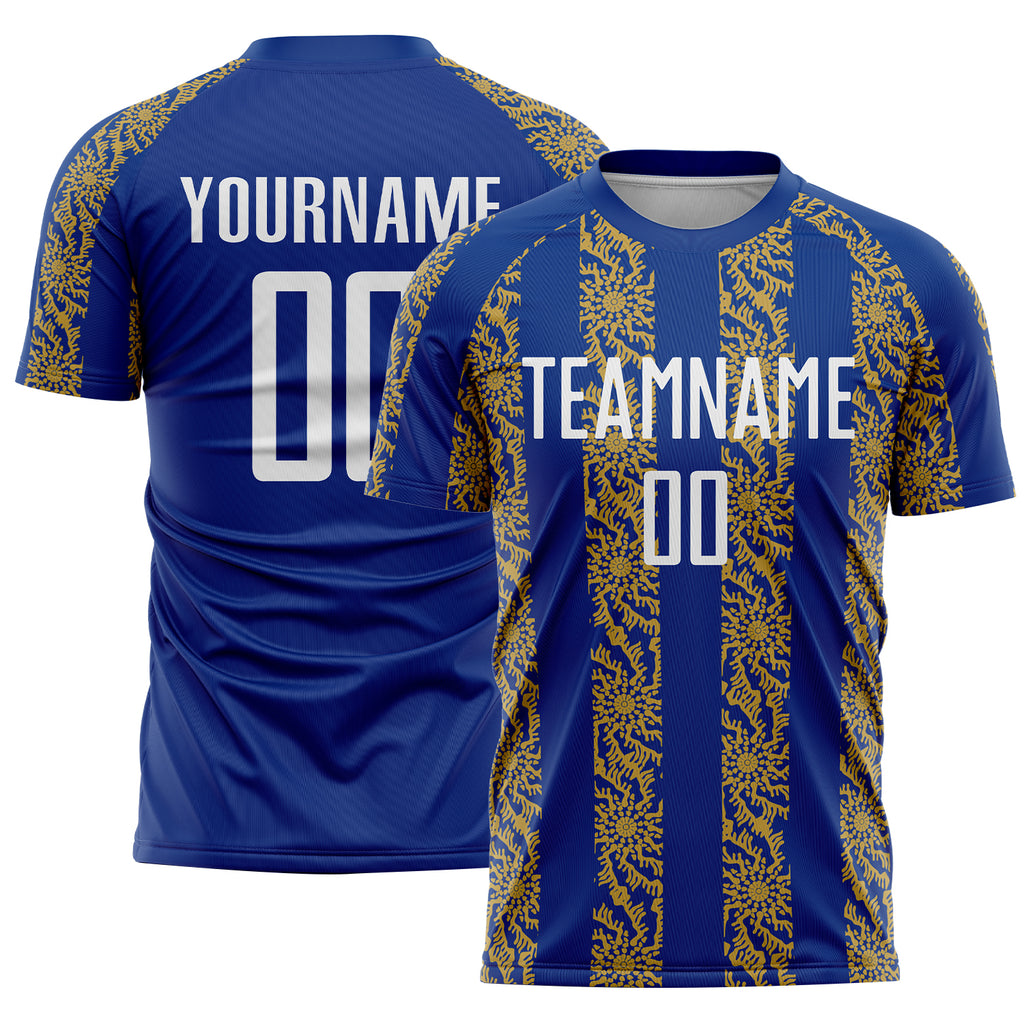 Custom Royal White-Old Gold Abstract Shape Sublimation Soccer Uniform Jersey