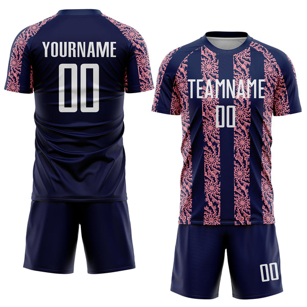 Custom Navy White-Medium Pink Abstract Shape Sublimation Soccer Uniform Jersey