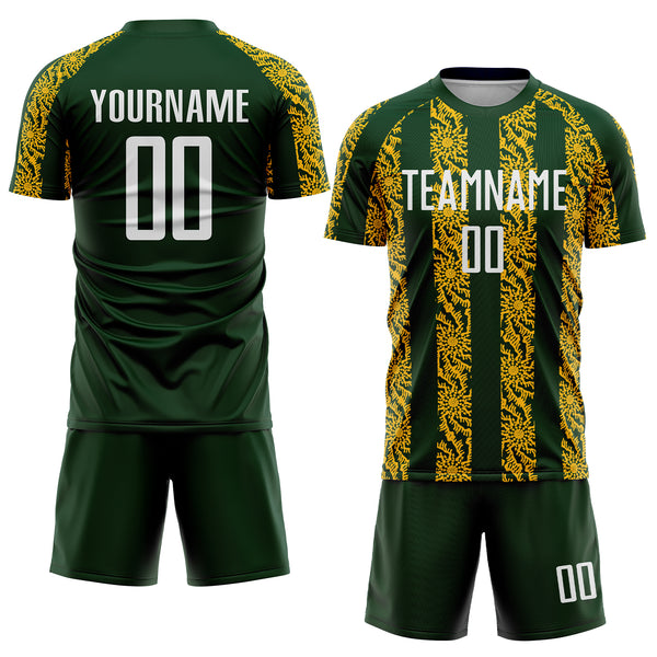 Custom Green White-Gold Abstract Shape Sublimation Soccer Uniform Jersey